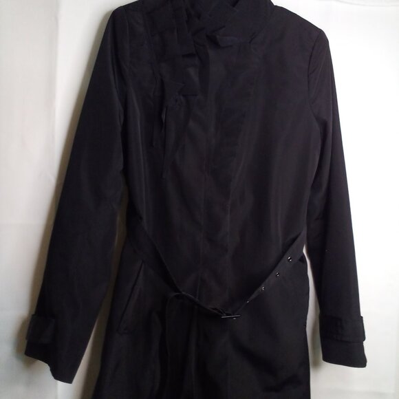 The Limited Jacket Trench Coat Women M Ruffle Belt Pockets Hidden Buttons Black - Picture 2 of 15